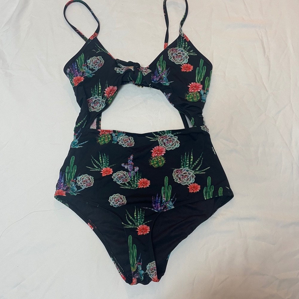 Eidons Black Cactus Floral Cutout One Piece Swimsuit Women's XS